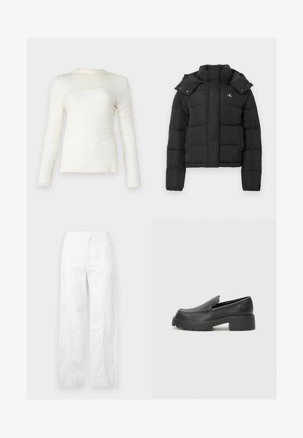 Čierna páperová bunda s vysokým golierom, odopínacou kapucňou so zacvakávacími gombíkmi a malým bielym logom "CK" na ľavom hrudníku.; Biela dlhá rukávová rebrovaná blúzka, ľahká textúra, okrúhly výstrih, priliehavý strih, jemný elastický materiál, čisté línie a hladký povrch.; Biele široké nohavice z ľahkej látky, s hladkou textúrou, čistými líniami a vysokým pásom.; Čierne kožené mokasíny s okrúhlou špičkou, hrubou textúrovanou podrážkou a minimom stehovej výzdoby. Štíhly dizajn bez viditeľných šnúr alebo kovania.