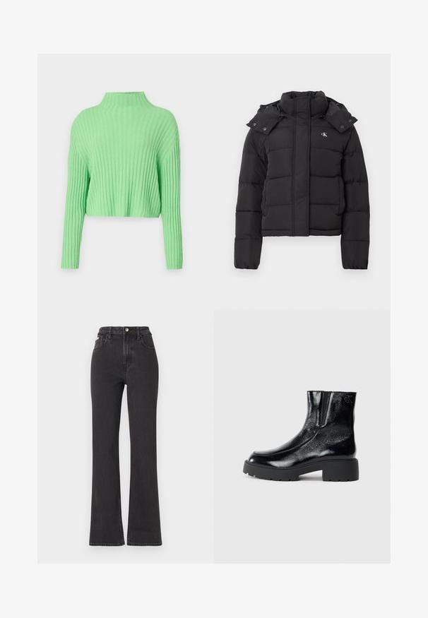 Fekete puffdzseki magas gallérral, levehető kapucnival, patentgombokkal, és kis fehér "CK" logóval a bal mellrészen.; Világoszöld, rövid fazonú pulóver magas nyakkal, bordás textúrával és hosszú ujjal. Laza szabású és puha anyagú.; Fekete, magas derekú, trapéz fazonú farmernadrág, gombos záródással, övrésszel és oldalsó zsebekkel. Sima textúrájú, minimális kopással.; Fekete bokacsizmák fényes lakkbőr felülettel, vastag fekete gumitalppal és megemelt sarokkal; oldalon diszkrét logó részlettel.