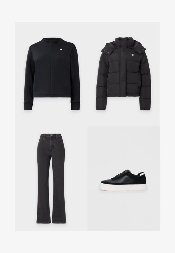 Casaco acolchoado preto com gola alta, capuz destacável com botões de pressão e pequeno logótipo branco "CK" no lado esquerdo do peito.; Sweatshirt preto com gola alta, mangas longas e um design ajustado. Apresenta um pequeno logótipo no peito e um tecido texturizado.; Jeans flared pretos de cintura alta feitos de denim, com fecho de botão, passadores para cinto e bolsos laterais. Textura suave com desbotamento mínimo.; Sapatilha preta com painéis de pele lisa e camurça, atacadores planos, bico arredondado e sola de borracha branca. Logótipo distinto no calcanhar.