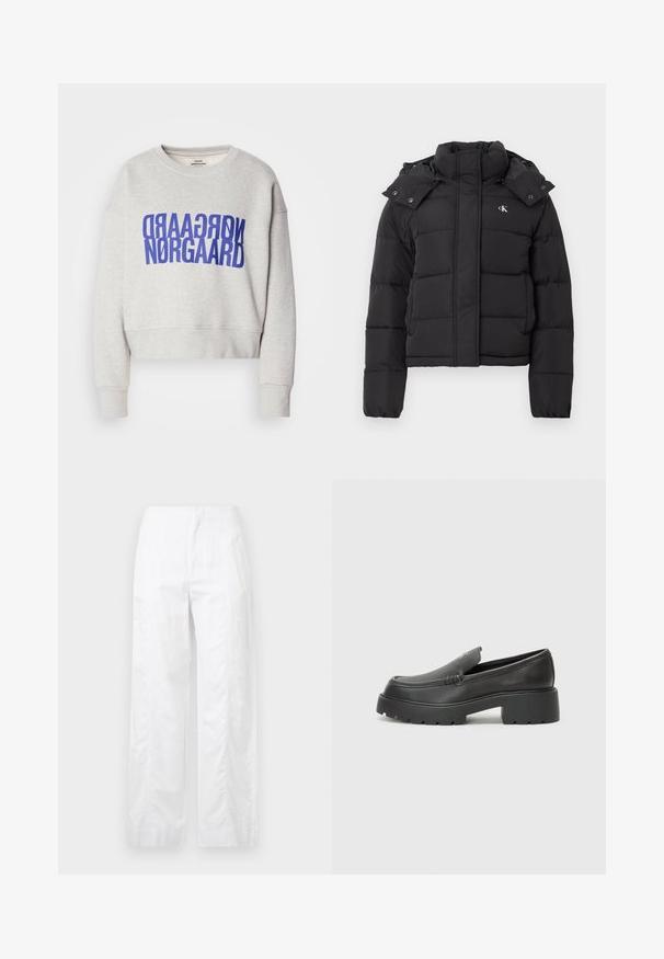 Fekete puffdzseki magas gallérral, levehető kapucnival, patentgombokkal, és kis fehér "CK" logóval a bal mellrészen.; Szürke, rövidített pulóver, merész kék grafikai nyomattal, rajta a "NORGAARD" felirattal. Az anyag lágy érzetű, bordás mandzsettákkal. Könnyű textúra.; Fehér, széles szárú nadrág könnyű anyagból, sima textúrával, letisztult vonalakkal és magasderék kialakítással.; Fekete bőr loafer cipők kerek orral, vastag, texturált talppal és minimális varrási részletekkel. Áramvonalas dizájn, látható fűzők vagy fém részek nélkül.