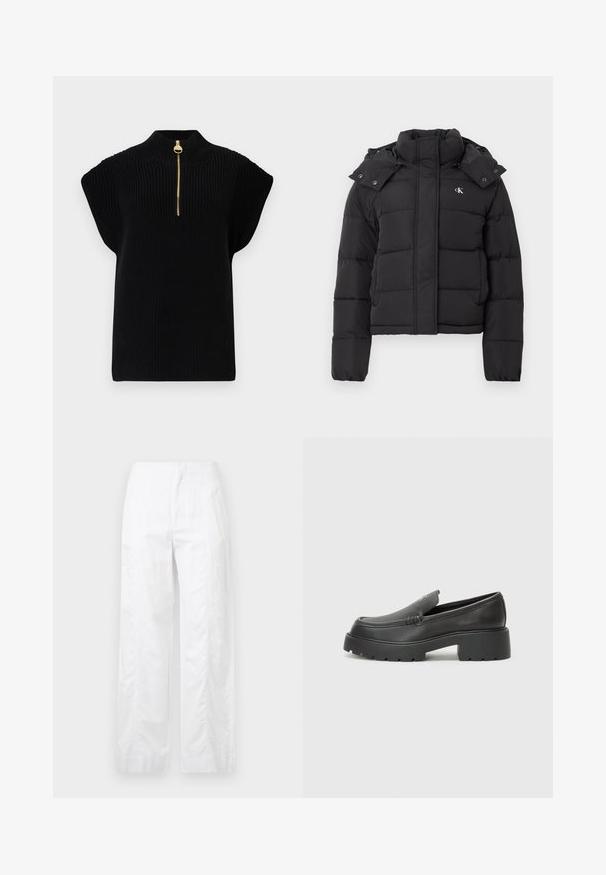 Casaco acolchoado preto com gola alta, capuz destacável com botões de pressão e pequeno logótipo branco "CK" no lado esquerdo do peito.; Top de malha preto com colarinho alto e mangas curtas, apresentando um detalhe de zíper dourado na gola. Tecido texturizado com design canelado.; Calças brancas de perna larga feitas de um tecido leve, com uma textura suave, linhas limpas e um design de cintura alta.; Mocassins de couro preto com bico arredondado, sola espessa e texturizada, e detalhes de costura minimalistas. Design elegante sem atacadores ou ferragens visíveis.