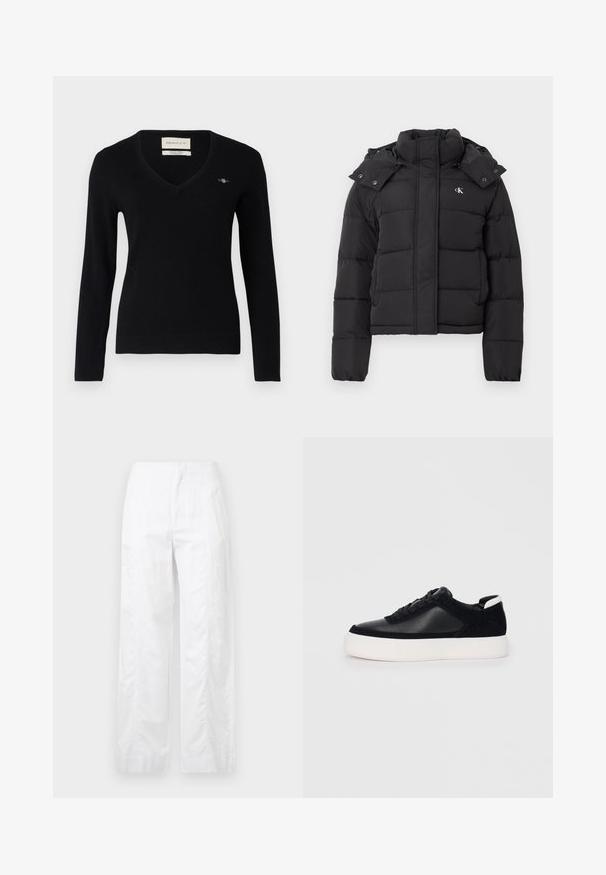 Doudoune noire avec col montant, capuche détachable avec boutons-pression, et petit logo "CK" blanc sur la poitrine gauche.; Pull noir en V en tissu tricot doux. Présente des manches longues, des poignets côtelés et un petit logo brodé sur la poitrine.; Pantalons larges blancs en tissu léger, présentant une texture lisse, des lignes épurées et une taille haute.; Sneaker noir avec des panneaux en cuir lisse et en daim, lacets plats, bout rond et semelle en caoutchouc blanche. Logo distinct au niveau du talon.