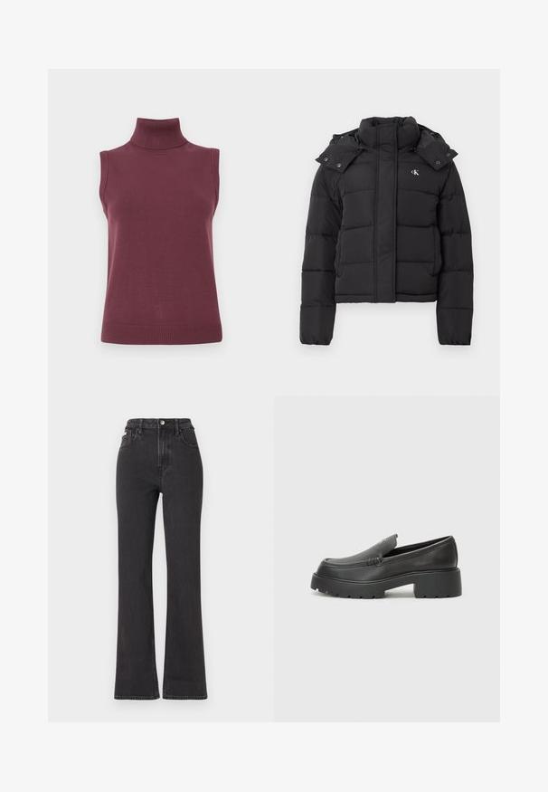 Giubbotto imbottito nero con colletto alto, cappuccio rimovibile con bottoni a pressione e piccolo logo bianco "CK" sul lato sinistro del petto.; Maglione senza maniche color borgogna con collo a cerniera, aperture delle braccia e orlo a coste, esposto su uno sfondo bianco.; Jeans neri a vita alta e a zampa d'elefante in denim, con chiusura a bottoni, passanti per cintura e tasche laterali. Texture liscia con minimal fading.; Mocassini in pelle nera con punta arrotondata, suola spessa e testurizzata, e minime cuciture. Design elegante senza lacci o parti metalliche visibili.