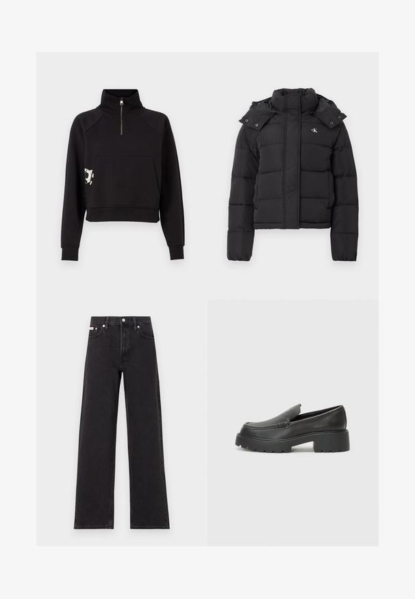 Fekete puffdzseki magas gallérral, levehető kapucnival, patentgombokkal, és kis fehér "CK" logóval a bal mellrészen.; Fekete rövidített pulóver magas nyakkal, fél cipzárral, raglán ujjakkal, kenguruzsebbel és minimális grafikai részlettel az elején.; Fekete, bőszárú farmernadrág, magas derekú, öt zsebes kialakítással és fém gombos záródással, kontrasztos varrással.; Fekete bőr loafer cipők kerek orral, vastag, texturált talppal és minimális varrási részletekkel. Áramvonalas dizájn, látható fűzők vagy fém részek nélkül.