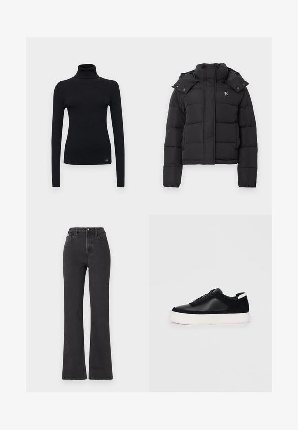 Juoda pūkinė striukė su aukštu apykakle, nuimama kapučino su spaudiniais ir mažu baltu "CK" logotipu kairiajame krūtinės gale.; Juodas juostuotas golfo megztinis su ilgomis rankovėmis ir prigludusia forma. Priekyje apačioje kairėje pusėje yra mažas logotipo etiketas. Minkštas mezginio tekstūra.; Juodi aukštu liemeniu platėjantys džinsai, pagaminti iš džinsinio audinio, su mygtuko uždarymu, diržo kilpomis ir šoninėmis kišenėmis. Lygus paviršius su minimaliais išblukimais.; Juodi sportbačiai su lygiu oda ir zomšinėmis detalėmis, plokščiomis raišteliais, apvaliu walko ir balta guma iš baze. Išskirtinė logotipas ant kulno.