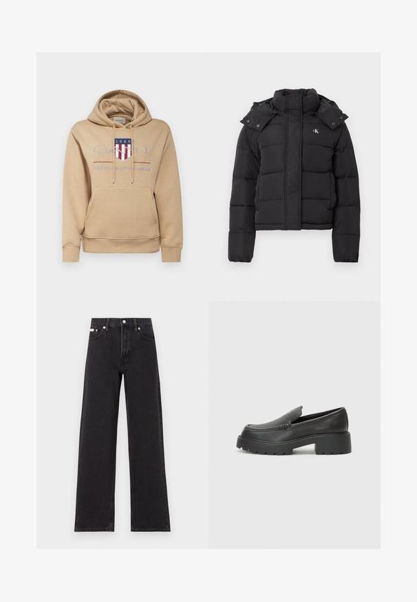 Black puffer jacket with high collar, detachable hood with snap buttons, and small white "CK" logo on the left chest.; GANT ARCHIVE SHIELD HOODIE - Hoodie - caramel beige; Black wide-leg jeans made of denim, featuring a high-rise waist, five-pocket styling, and a metal button closure with contrasting stitching.; Black leather loafers with a rounded toe, thick textured sole, and minimal stitching details. Sleek design with no visible laces or hardware.