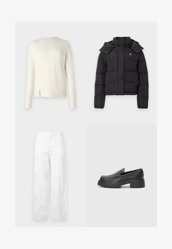 Crna puf jakna s visokim ovratnikom, odvojivom kapom na dugmad i malim bijelim "CK" logotipom na lijevoj strani prsiju.; Lagani, kremasti pulover s teksturiranim uzorcima, rebrastim manžetama i bočnim prorezom. Napravljen od mekog, pletenog materijala.; Bijele široke hlače od laganog materijala, s glatkom teksturom, čistim linijama i visokim strukom.; Crne kožne loaferice s zaobljenim vrhom, debelim teksturiranim potplatom i minimalnim detaljima šivanja. Elegantna izrada bez vidljivih vezica ili metalnih elemenata.