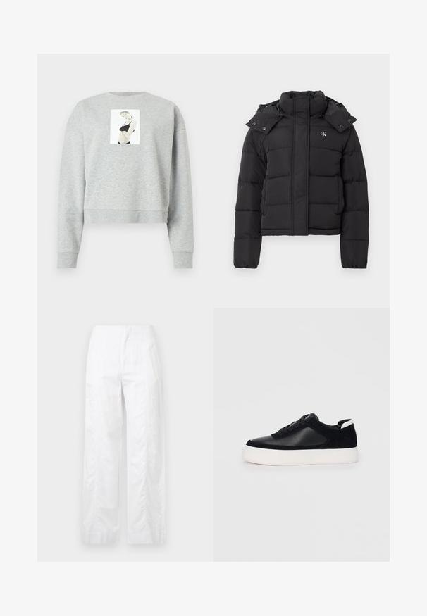 Melna pūkainā jaka ar augstu apkakli, noņemamu kapuci ar spiedpogām un mazu baltu "CK" logo kreisajā krūtī.; Pelēks īsais džemperis, izgatavots no mīksta auduma, ar priekšējo fotogrāfiju, kas centrēta uz krūtīm. Ribota aproču un apkakles apdare.; Baltas, plaša kāju bikses, izgatavotas no viegla auduma, ar gludu tekstūru, tīrām līnijām un augstu jostasvietu.; Melnas sporta kurpes ar gludu ādu un zamša paneļiem, plakaniem šņorēm, noapaļotu pirkstu daļu un baltu gumijas zolīti. Izteikts logo uz papēža.