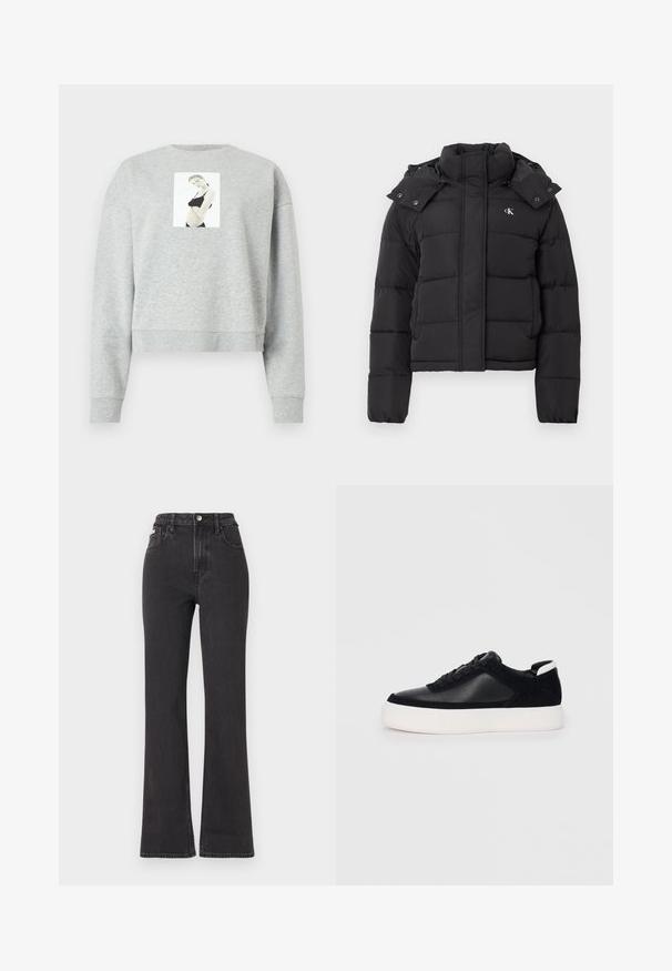 Casaco acolchoado preto com gola alta, capuz destacável com botões de pressão e pequeno logótipo branco "CK" no lado esquerdo do peito.; Sweatshirt cinzento cropped feito de um tecido macio, apresentando uma impressão fotográfica na parte frontal, centrada no peito. Punhos e decote canelados.; Jeans flared pretos de cintura alta feitos de denim, com fecho de botão, passadores para cinto e bolsos laterais. Textura suave com desbotamento mínimo.; Sapatilha preta com painéis de pele lisa e camurça, atacadores planos, bico arredondado e sola de borracha branca. Logótipo distinto no calcanhar.
