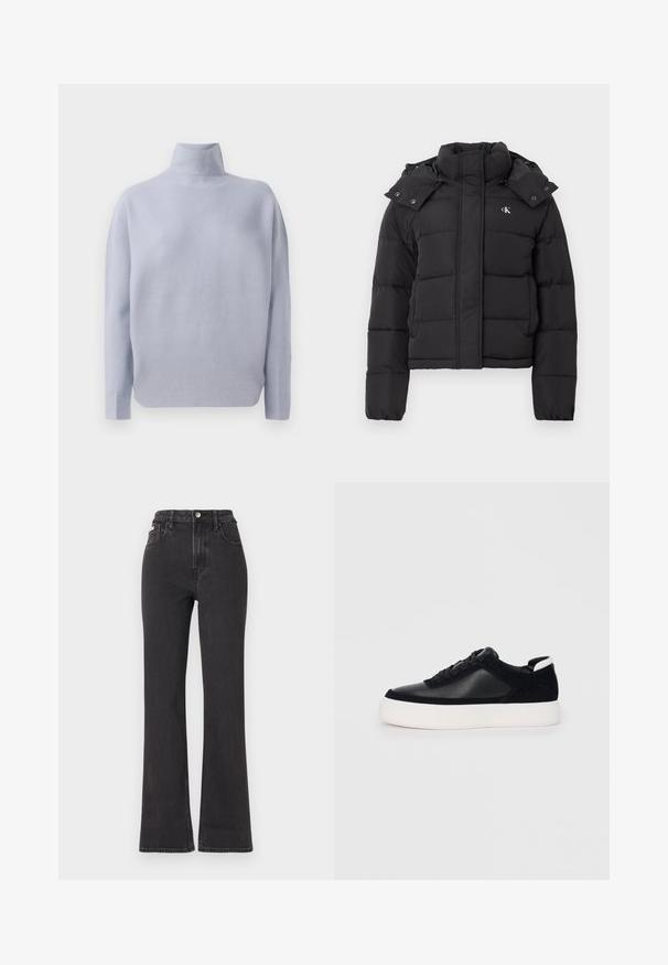 Czarna kurtka puchowa z wysokim kołnierzem, odczepianym kapturem zapinanym na napy oraz małym białym logo "CK" na lewej piersi.; Jasnoniebieski sweter z długim rękawem i golfem, wykonany z miękkiej dzianiny, w luźnym kroju, prezentowany na białym tle.; Czarne jeansy z wysokim stanem i rozszerzanym dołem, wykonane z denimu, z zapięciem na guzik, szlufkami na pasek oraz kieszeniami bocznymi. Gładka faktura z minimalnym przetarciem.; Czarne sneakersy z gładkiej skóry i zamszowymi panelami, płaskimi sznurowadłami, zaokrąglonym noskiem i białą gumową podeszwą. Wyraźne logo na pięcie.