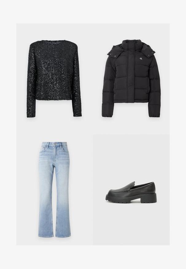 Black puffer jacket with high collar, detachable hood with snap buttons, and small white "CK" logo on the left chest.; Black long-sleeve top covered in small sequins, featuring a round neckline and a relaxed fit, with a smooth texture and sparkling surface.; Light blue denim flared jeans with a high waist, contrasting stitching, front pockets, and a subtle fade effect towards the hem.; Black leather loafers with a rounded toe, thick textured sole, and minimal stitching details. Sleek design with no visible laces or hardware.
