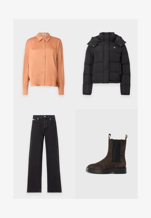 Giubbotto imbottito nero con colletto alto, cappuccio rimovibile con bottoni a pressione e piccolo logo bianco "CK" sul lato sinistro del petto.; Camicia button-up color pesca realizzata in tessuto morbido, con colletto classico, maniche lunghe e vestibilità rilassata.; Jeans neri a gamba larga in denim, con vita alta, styling a cinque tasche e chiusura con bottone metallico e cuciture a contrasto.; Stivale alla caviglia in suede marrone con pannelli elastici ai lati e linguette di estrazione. Presenta una punta rotonda e un tacco largo nero per stabilità.