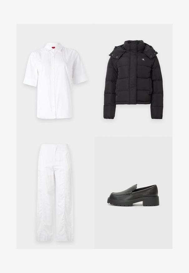 Črn puhovka z visokim ovratnikom, snemljivo kapuco s pritisnimi gumbi in majhnim belim logotipom "CK" na levem prsnem delu.; Bela kratka srajca s kratkimi rokavi in klasičnim ovratnikom, izdelana iz gladkega materiala. Ima vezeno logo na levem prsnem predelu.; Bela široka hlače iz lahkega materiala, ki se ponašajo z gladko teksturo, čistimi linijami in visokim pasom.; Črne usnjene loafers čevlje z zaobljenim nosom, debelim teksturiranim podplatom in minimalnimi šivi. Elegantna zasnova brez vidnih vezalk ali kovinskih delov.