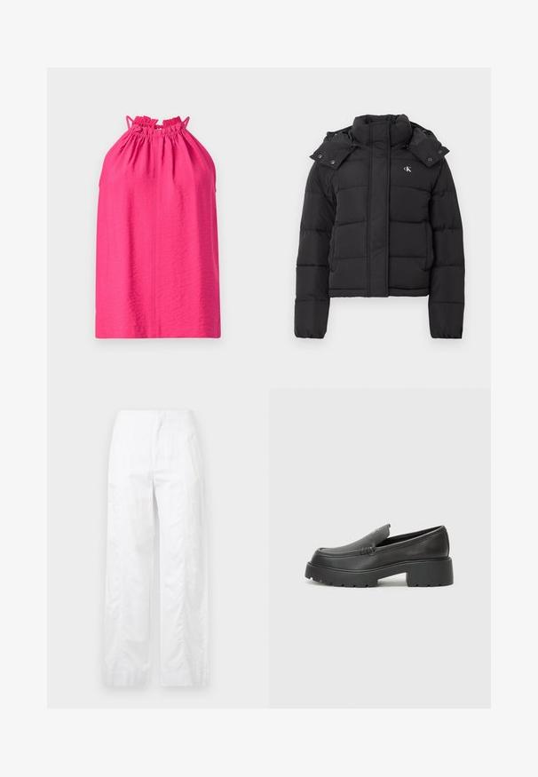 Mustmust pusa, millel on kõrge krae, eemaldatav kapuuts, milles on pressnupud, ja väike valge "CK" logo vasakul rinnaosas.; Roosa kaeluseta tipp kogutud kaeluse ning reguleeritavate rihmadega. Sile tekstuur ja lõdvestatud lõige, ilma mustrite ja kaunistusteta.; Valged laiad püksid, mis on valmistatud kergetest materjalidest, omades siledat tekstuuri, puhtaid jooni ja kõrget vöökohta.; Mustad nahast loafers ümarate varvastega, paksu tekstuuriga tald ja minimaalsete õmbluse detailidega. Viimistletud disain, kus pole nähtavaid paelu ega riistu.