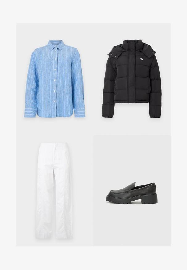 Fekete puffdzseki magas gallérral, levehető kapucnival, patentgombokkal, és kis fehér "CK" logóval a bal mellrészen.; Világoskék len ing fehér függőleges csíkokkal, hosszú ujjas, gombos elülső résszel és klasszikus gallérral. Texturált anyag, laza szabású.; Fehér, széles szárú nadrág könnyű anyagból, sima textúrával, letisztult vonalakkal és magasderék kialakítással.; Fekete bőr loafer cipők kerek orral, vastag, texturált talppal és minimális varrási részletekkel. Áramvonalas dizájn, látható fűzők vagy fém részek nélkül.