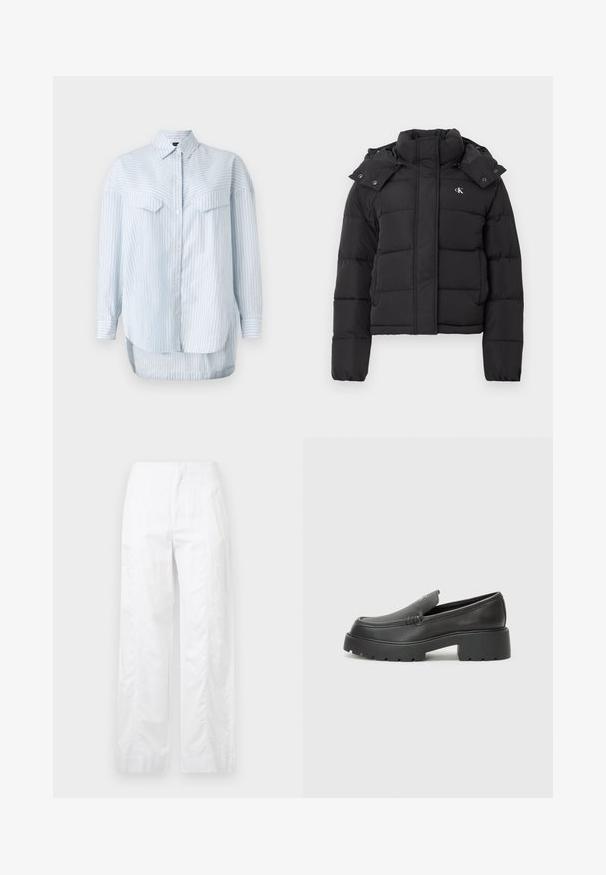 Melna pūkainā jaka ar augstu apkakli, noņemamu kapuci ar spiedpogām un mazu baltu "CK" logo kreisajā krūtī.; Gaiši zils svītrainais krekls ar garām piedurknēm, ar klasisku apkakli un divām krūšu kabatām. Apakšmala ir izliekta un garāka aizmugurē.; Baltas, plaša kāju bikses, izgatavotas no viegla auduma, ar gludu tekstūru, tīrām līnijām un augstu jostasvietu.; Melnas ādas mokasīni ar noapaļotu purngalu, biezs teksturēts zoles un minimālas dūriena detaļas. Gluds dizains bez redzamām auklām vai metāla elementiem.