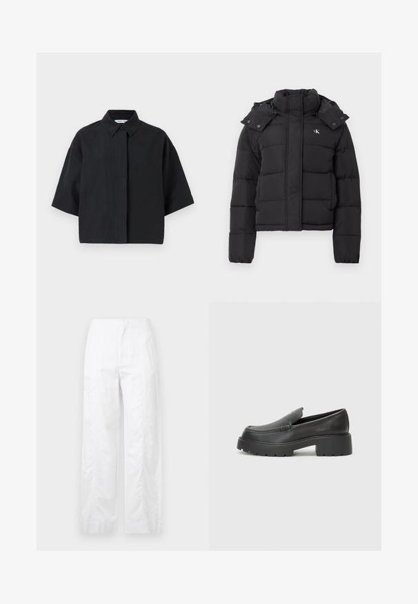 Črn puhovka z visokim ovratnikom, snemljivo kapuco s pritisnimi gumbi in majhnim belim logotipom "CK" na levem prsnem delu.; Kratka majica s kragnom i kratkim rukavima v črni barvi. Narejena je iz lahkotnega blaga in ima sproščen kroj. Ima sprednji gumbni trak in minimalistične šive.; Bela široka hlače iz lahkega materiala, ki se ponašajo z gladko teksturo, čistimi linijami in visokim pasom.; Črne usnjene loafers čevlje z zaobljenim nosom, debelim teksturiranim podplatom in minimalnimi šivi. Elegantna zasnova brez vidnih vezalk ali kovinskih delov.