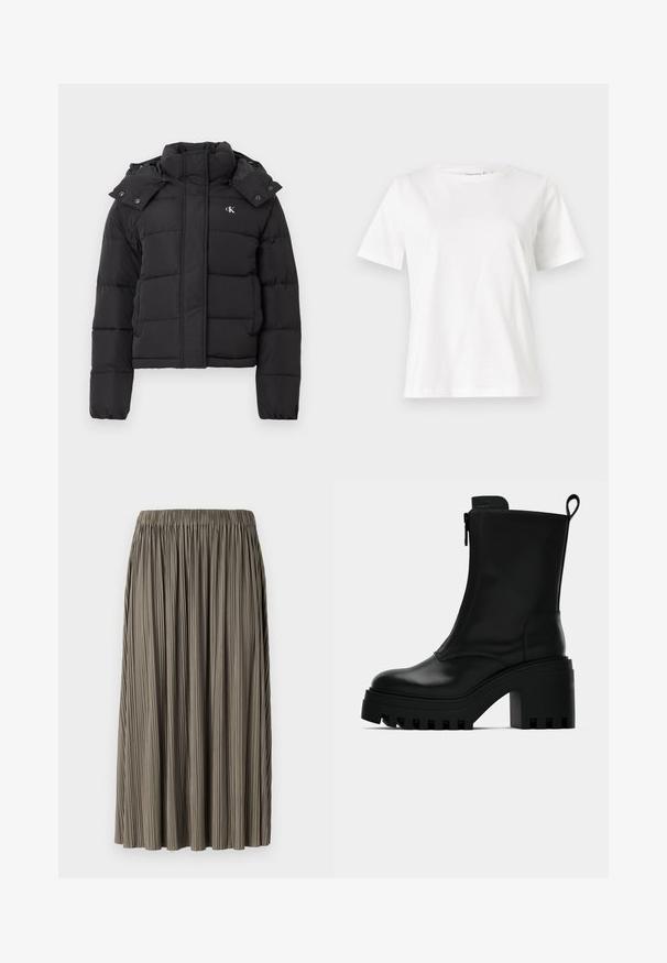 Čierna páperová bunda s vysokým golierom, odopínacou kapucňou so zacvakávacími gombíkmi a malým bielym logom "CK" na ľavom hrudníku.; Biela bavlnená tričko s krátkymi rukávmi, okrúhlym výstrihom a voľným strihom. Hladká textúra, bez vzorov alebo akcentov, minimalistický dizajn.; Záhybová midi sukňa v tlmenej olivovozelenej farbe s elastickým pásom, s vertikálnou textúrou látky a splývavým strihom.; Čierne kožené členkové čižmy s robustnou podrážkou, blokovým podpätkom, bočným zipsom a pútkom na zadnej strane na jednoduchom bielom pozadí.