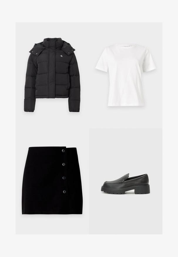 Jachetă puffer neagră cu guler înalt, glugă detașabilă cu capse și mic logo alb "CK" pe pieptul stâng.; Tricou alb din bumbac cu mâneci scurte, guler rotund și o croială relaxată. Textură netedă, fără imprimeuri sau accente, design minimalist.; Fustă mini neagră din bumbac, având închidere laterală cu patru nasturi negri și o siluetă dreaptă. Textură netedă.; Mocasini din piele neagră, cu vârf rotunjit, talpă groasă texturată și detalii minimale de cusătură. Design elegant, fără șireturi sau accesorii vizibile.