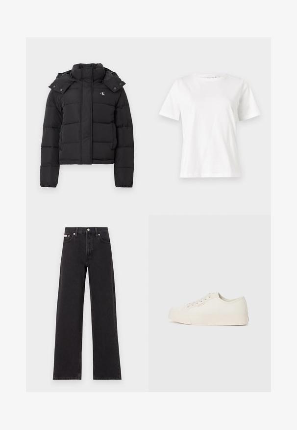 Black puffer jacket with high collar, detachable hood with snap buttons, and small white "CK" logo on the left chest.; White cotton t-shirt with short sleeves, round neckline, and a relaxed fit. Smooth texture, no patterns or accents, minimalistic design.; Black wide-leg jeans made of denim, featuring a high-rise waist, five-pocket styling, and a metal button closure with contrasting stitching.; Sneakers made of off-white canvas, featuring a low-top design, round toe, and flat rubber sole with subtle stitching detail.