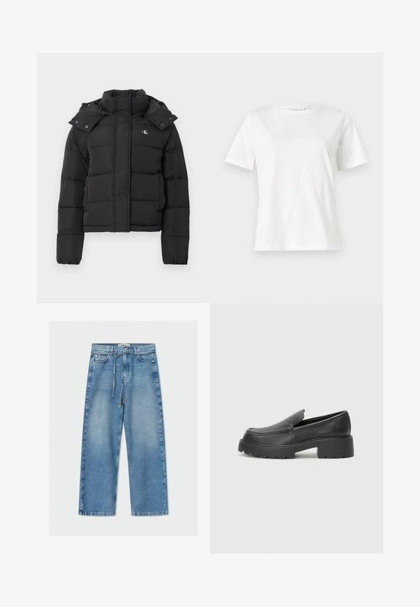Sort puffer-jakke med høj krave, aftagelig hætte med trykknapper og lille hvid "CK"-logo på venstre bryst.; Hvid bomulds t-shirt med korte ærmer, rund halsudskæring og en afslappet pasform. Glat tekstur, ingen mønstre eller accenter, minimalistisk design.; Lyst blå denim wide-leg jeans med høj talje, snøre, fem-lomme design og rå kantdetalje.; Sorte læder loafers med rund tå, tyk tekstureret sål og minimale syninger. Elegant design uden synlige snørebånd eller hardware.