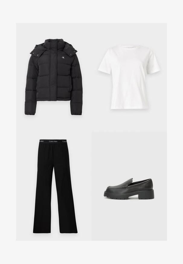 Fekete puffdzseki magas gallérral, levehető kapucnival, patentgombokkal, és kis fehér "CK" logóval a bal mellrészen.; Fehér pamut póló rövid ujjakkal, kerek nyakkivágással és laza szabással. Sima textúra, nincsenek minták vagy díszítések, minimalista dizájn.; Fekete, bő szárú nadrág sima textúrával, fehér színű "Calvin Klein" felirattal ellátott, rugalmas derékrésszel. Minimalista dizájn.; Fekete bőr loafer cipők kerek orral, vastag, texturált talppal és minimális varrási részletekkel. Áramvonalas dizájn, látható fűzők vagy fém részek nélkül.