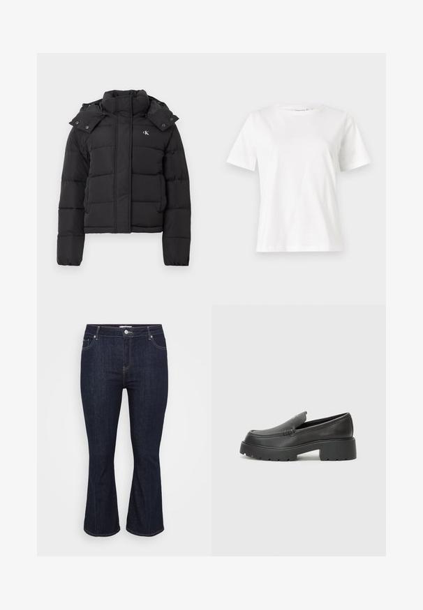 Black puffer jacket with high collar, detachable hood with snap buttons, and small white "CK" logo on the left chest.; White cotton t-shirt with short sleeves, round neckline, and a relaxed fit. Smooth texture, no patterns or accents, minimalistic design.; Dark blue denim flared jeans with a classic five-pocket design, metal button closure, and contrast stitching along the seams.; Black leather loafers with a rounded toe, thick textured sole, and minimal stitching details. Sleek design with no visible laces or hardware.