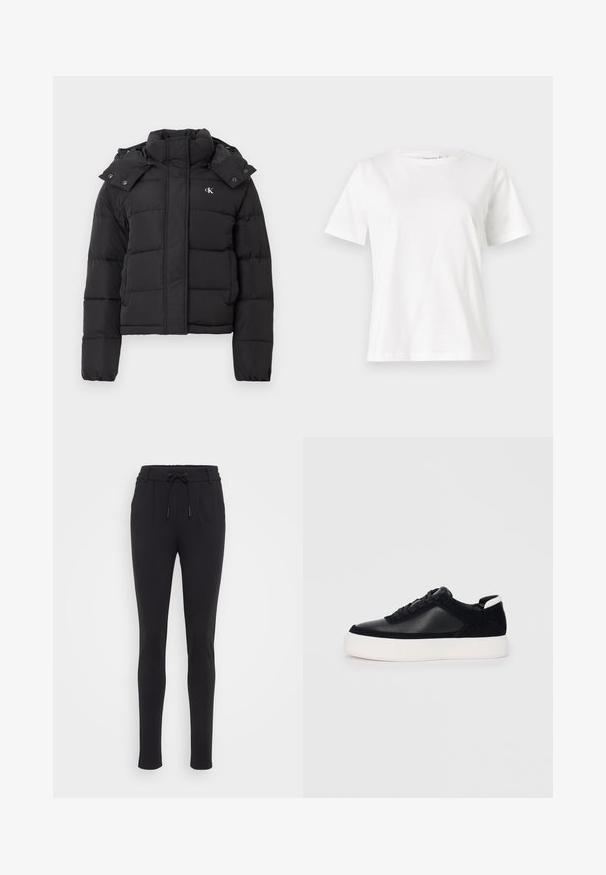 Chaqueta de plumas negra con alto cuello, capucha desmontable con botones a presión y pequeño logo blanco "CK" en el pecho izquierdo.; Camiseta de algodón blanca de manga corta, con cuello redondo y un corte relajado. Textura suave, sin patrones ni acentos, diseño minimalista.; Joggers negros, ajustados y con tapering, hechos de una tela suave y elástica. Cuentan con una cinturilla elástica con cordón y bolsillos laterales. Textura suave.; Zapatilla negra con paneles de cuero liso y de ante, cordones planos, punta redondeada y una suela de goma blanca. Logotipo distintivo en el talón.