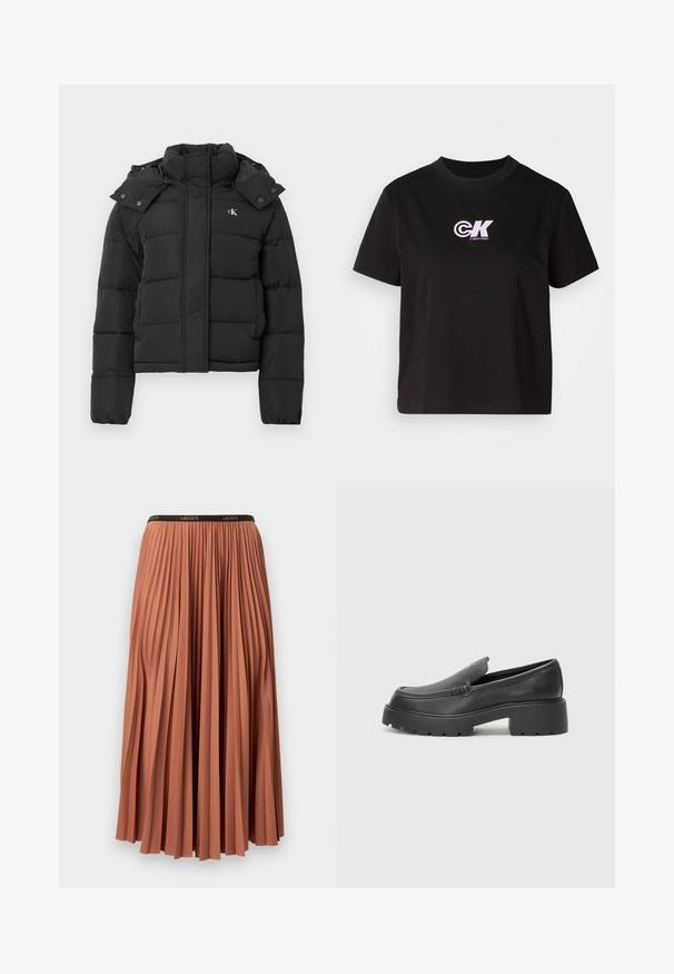Crna puf jakna s visokim ovratnikom, odvojivom kapom na dugmad i malim bijelim "CK" logotipom na lijevoj strani prsiju.; Crna pamučna majica s okruglim izrezom i kratkim rukavima. Ima bijeli i ružičasti "CK" logo na gornjem lijevom dijelu prsnog koša.; Plisirana suknja u terracotta boji s crnim pojasom, s vertikalnim naborima i glatkom teksturom. Duljina doseže sredinu lista.; Crne kožne loaferice s zaobljenim vrhom, debelim teksturiranim potplatom i minimalnim detaljima šivanja. Elegantna izrada bez vidljivih vezica ili metalnih elemenata.