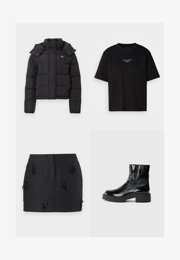 Juoda pūkinė striukė su aukštu apykakle, nuimama kapučino su spaudiniais ir mažu baltu "CK" logotipu kairiajame krūtinės gale.; Juodas medvilnės marškinėliai su apykakle, trumpomis rankovėmis ir mėlynai siuvinėtu "Calvin Klein JEANS" logotipu priekyje.; Juodas sijonas, pasižymintis prigludusia sukirpimu ir tekstūriniais, purvinais akcentais, išsibarsčiusiais audinyje. Lygus medžiaga be matomų užsegimų.; Juodi kulkšniniai batai su blizgia lakuota oda, storu juodu guminio pado ir pakeltu kulnu; šone yra subtilus logotipo detalė.