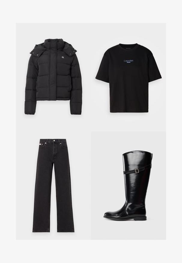 Casaco acolchoado preto com gola alta, capuz destacável com botões de pressão e pequeno logótipo branco "CK" no lado esquerdo do peito.; T-shirt preta de algodão com gola redonda, mangas curtas e logo bordado azul "Calvin Klein JEANS" na parte da frente.; Jeans de perna larga pretos feitos de denim, apresentando uma cintura alta, estilo de cinco bolsos e um fecho em botão de metal com costura contrastante.; Bota alta em couro preto com salto baixo e tira decorativa com fivela prateada na parte superior da panturrilha.