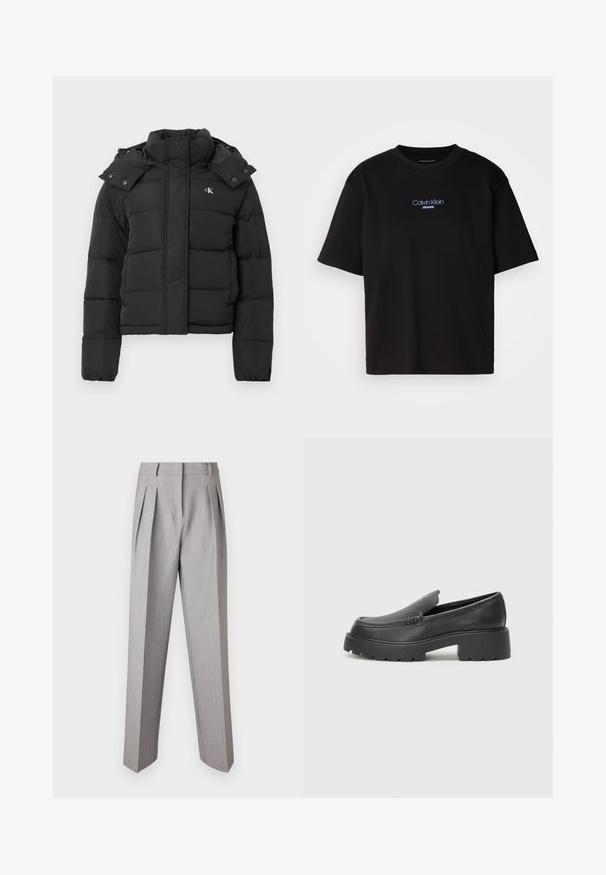 Doudoune noire avec col montant, capuche détachable avec boutons-pression, et petit logo "CK" blanc sur la poitrine gauche.; T-shirt en coton noir avec un col rond, des manches courtes et un logo brodé bleu "Calvin Klein JEANS" sur le devant.; Patrizia Pepe PANT - Pantalon classique - grigio melange; Mocassins en cuir noir avec un bout arrondi, une semelle épaisse et texturée, et des détails de couture minimalistes. Design épuré sans lacets ni métal visibles.