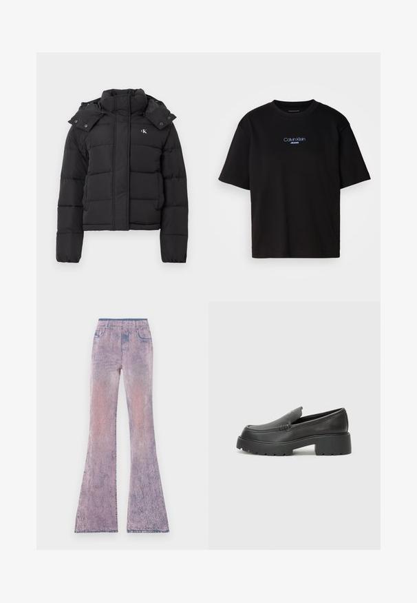 Svart pufferjakke med høy krage, avtakbar hette med trykknapper og liten hvit "CK"-logo på venstre bryst.; Sort bomull t-skjorte med rund hals, korte ermer, og blå brodert "Calvin Klein JEANS" logo på forsiden.; Flared jeans i en gradient fra pastellrosa til lilla med en falmet tekstur. Har elastisk midje og fem-lommers design.; Sorte skinnloafers med rund tå, tykk teksturert såle og minimale sømdetaljer. Strømlinjeformet design uten synlige snørebånd eller hardvarer.