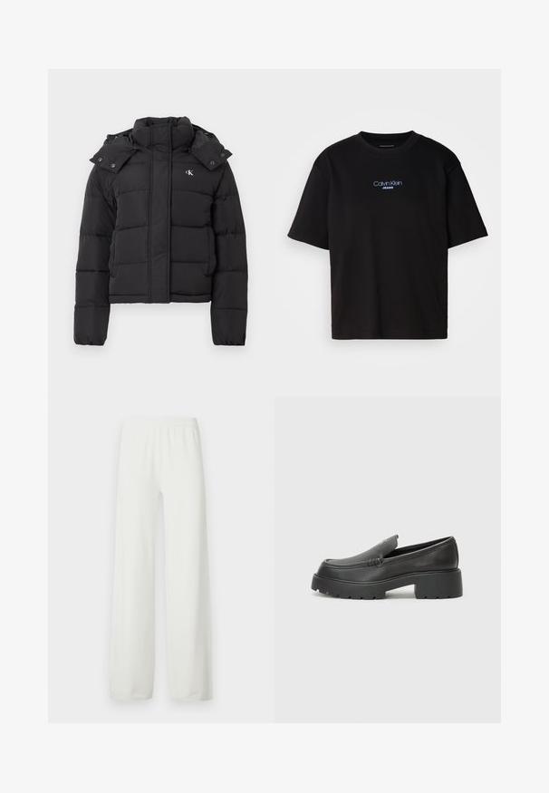 Jachetă puffer neagră cu guler înalt, glugă detașabilă cu capse și mic logo alb "CK" pe pieptul stâng.; Tricou din bumbac negru cu guler rotund, mâneci scurte și logo-ul brodat în albastru "Calvin Klein JEANS" pe față.; Pantaloni albi cu croială largă, confecționați din țesătură moale și ușoară. Au talie elastică și picioare drept tăiate. Fără modele sau accente vizibile.; Mocasini din piele neagră, cu vârf rotunjit, talpă groasă texturată și detalii minimale de cusătură. Design elegant, fără șireturi sau accesorii vizibile.