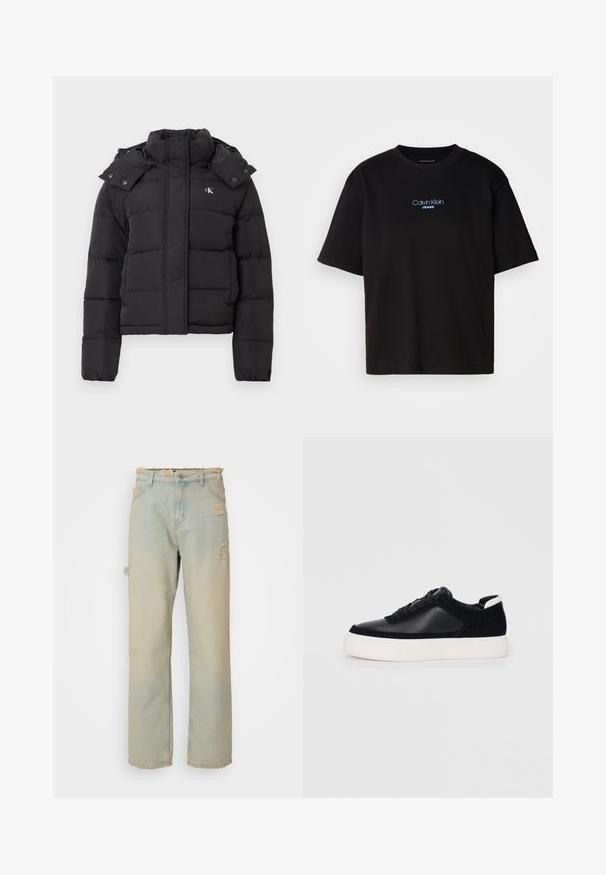 Black puffer jacket with high collar, detachable hood with snap buttons, and small white "CK" logo on the left chest.; Black cotton t-shirt with a round neck, short sleeves, and blue embroidered "Calvin Klein JEANS" logo on the front.; Distressed light blue denim jeans with a high waist, frayed hems, and visible rips. Features a straight-leg cut and traditional pockets.; Black sneaker with smooth leather and suede panels, flat laces, rounded toe, and a white rubber sole. Distinct logo on the heel.