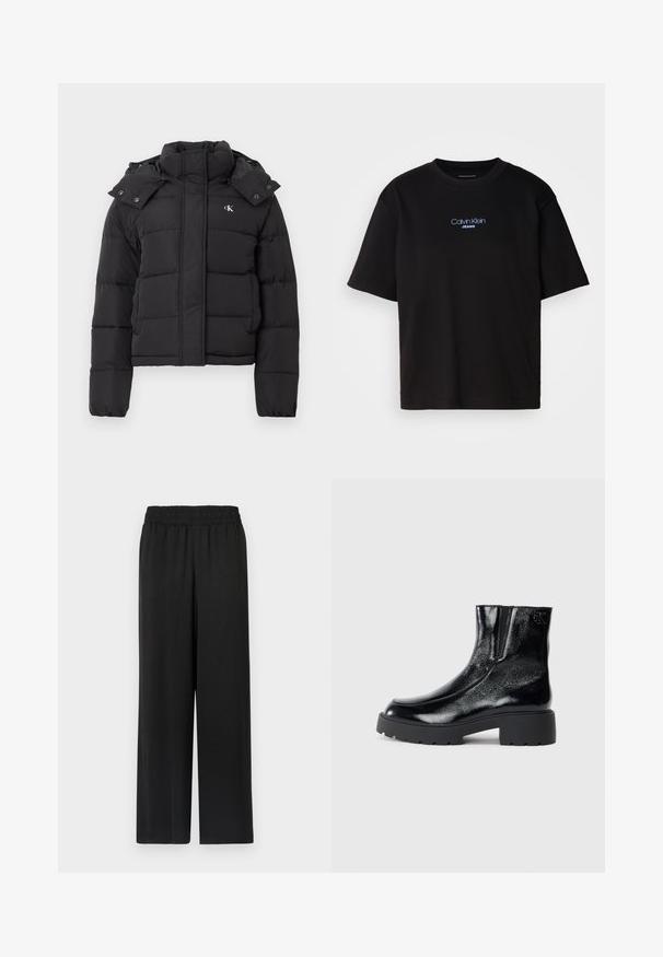 Sort puffer-jakke med høj krave, aftagelig hætte med trykknapper og lille hvid "CK"-logo på venstre bryst.; Sort bomulds t-shirt med rund hals, korte ærmer og blåt broderet "Calvin Klein JEANS" logo på fronten.; Sorte brede bukser med elastisk talje, lavet af et glat, let stof. Har en lige pasform og ingen synlige mønstre.; Sorte ankelstøvler med en blank patentlæderfinish, chunky sort gummisål og hævet hæl; inkluderer subtilt logodetalje på siden.