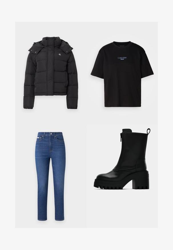 Casaco acolchoado preto com gola alta, capuz destacável com botões de pressão e pequeno logótipo branco "CK" no lado esquerdo do peito.; T-shirt preta de algodão com gola redonda, mangas curtas e logo bordado azul "Calvin Klein JEANS" na parte da frente.; Jeans de denim numa tonalidade azul escura com corte reto, design de cinco bolsos e detalhes de costura subtil. Apresenta um fecho com zip e botão.; Botim de pele preto até ao tornozelo com sola robusta, salto bloco, fecho lateral e alça na parte de trás sobre fundo branco liso.
