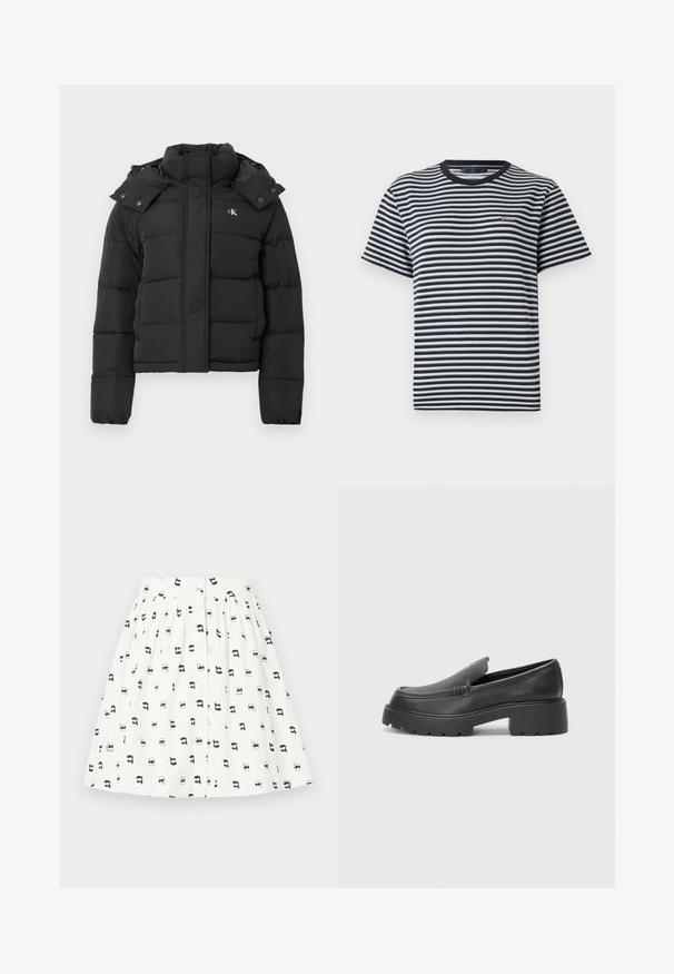 Casaco acolchoado preto com gola alta, capuz destacável com botões de pressão e pequeno logótipo branco "CK" no lado esquerdo do peito.; T-shirt às riscas com riscas horizontais em preto e branco, decote redondo e mangas curtas. Feita de tecido leve e macio.; Saia de tecido branco com um padrão de pequenos rostos de desenhos animados pretos com vários acessórios. Tem um fecho de botão na frente e uma cintura franzida.; Mocassins de couro preto com bico arredondado, sola espessa e texturizada, e detalhes de costura minimalistas. Design elegante sem atacadores ou ferragens visíveis.