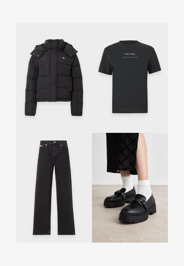 Chaqueta de plumas negra con alto cuello, capucha desmontable con botones a presión y pequeño logo blanco "CK" en el pecho izquierdo.; Camiseta de algodón negra con cuello redondo, mangas cortas y logo impreso en blanco de "Calvin Klein" junto con el texto "Establecido en 1968".; Jeans anchos de mezclilla negros, con cintura alta, cinco bolsillos y cierre de botón metálico con costuras contrastantes.; Mocasines de plataforma negros con un acabado de cuero suave, que presentan un detalle de hebilla y acentos de remaches, combinados con calcetines blancos de canalé.