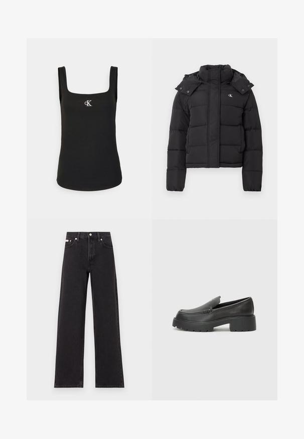 Casaco acolchoado preto com gola alta, capuz destacável com botões de pressão e pequeno logótipo branco "CK" no lado esquerdo do peito.; Camiseta preta sem mangas com decote quadrado, textura ribada e um pequeno logotipo "cK" branco no peito, apresentando alças largas.; Jeans de perna larga pretos feitos de denim, apresentando uma cintura alta, estilo de cinco bolsos e um fecho em botão de metal com costura contrastante.; Mocassins de couro preto com bico arredondado, sola espessa e texturizada, e detalhes de costura minimalistas. Design elegante sem atacadores ou ferragens visíveis.