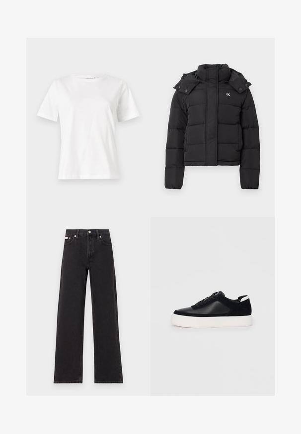Schwarze Pufferjacke mit hohem Kragen, abnehmbarem Kapuzenschild mit Druckknöpfen und kleinem weißen "CK"-Logo auf der linken Brust.; Weißes Baumwoll-T-Shirt mit kurzen Ärmeln, Rundhalsausschnitt und lockerer Passform. Glatte Textur, keine Muster oder Akzente, minimalistisches Design.; Schwarze weit geschnittene Jeans aus Denim mit einem hoch sitzenden Bund, fünf Taschen und einem Metallknopfverschluss mit kontrastierendem Nähte.; Schwarze Sneakers mit glattem Leder und Wildleder-Einsätzen, flachen Schnürsenkeln, runder Zehenpartie und einer weißen Gummisohle. Deutliches Logo an der Ferse.