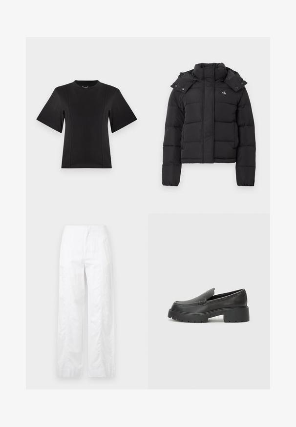 Casaco acolchoado preto com gola alta, capuz destacável com botões de pressão e pequeno logótipo branco "CK" no lado esquerdo do peito.; Camiseta preta de manga curta feita de tecido macio. Apresenta um decote redondo e costuras anguladas para um ajuste descontraído. Textura suave sem padrões.; Calças brancas de perna larga feitas de um tecido leve, com uma textura suave, linhas limpas e um design de cintura alta.; Mocassins de couro preto com bico arredondado, sola espessa e texturizada, e detalhes de costura minimalistas. Design elegante sem atacadores ou ferragens visíveis.