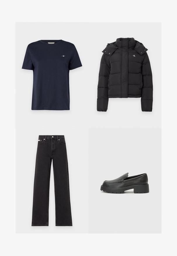 Čierna páperová bunda s vysokým golierom, odopínacou kapucňou so zacvakávacími gombíkmi a malým bielym logom "CK" na ľavom hrudníku.; Námornícky modré bavlnené tričko s krátkymi rukávmi a okrúhlym výstrihom, s malým vyšitým logom na ľavej hrudi. Hladká textúra.; Čierne široké džínsy vyrobené z denimu, s vysokým pásom, piatimi vreckami a kovovým zapínaním s kontrastným šitím.; Čierne kožené mokasíny s okrúhlou špičkou, hrubou textúrovanou podrážkou a minimom stehovej výzdoby. Štíhly dizajn bez viditeľných šnúr alebo kovania.