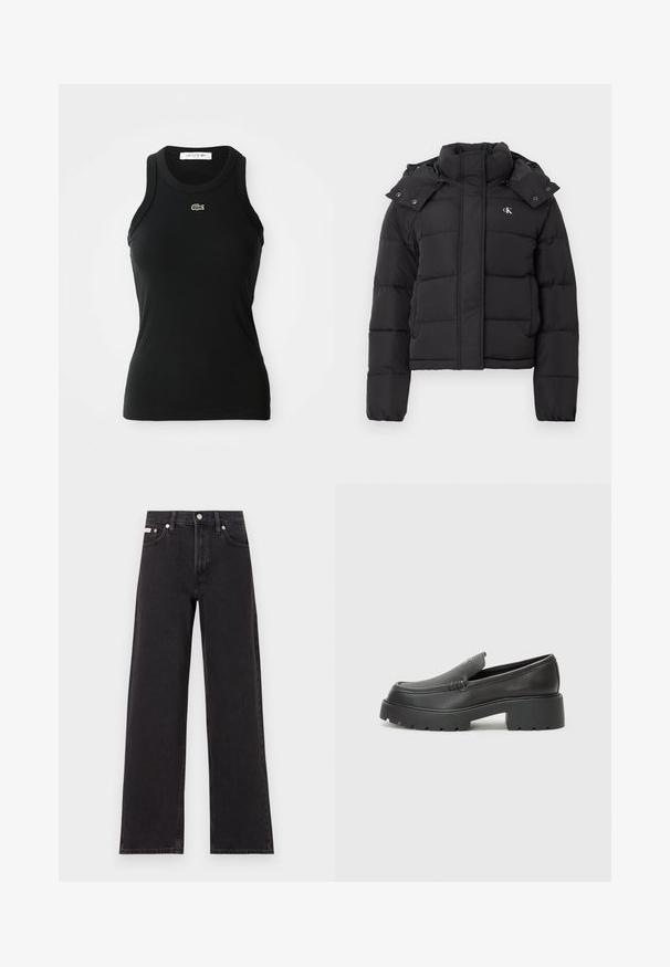 Zwarte pufferjack met hoge kraag, afneembare capuchon met drukknoopjes en klein wit "CK" logo op de linker borst.; Zwart mouwloos geribbeld tanktop met een ronde hals en een klein groen Lacoste krokodillenlogo gecentreerd onder de halslijn.; Zwarte wijde spijkerbroeken van denim, met een hoge taille, vijf-pocket stijl en een metalen knoopsluiting met contrasterende stiksels.; Zwarte leren instappers met een ronde neus, dikke getextureerde zool en minimale stikseldetails. Strak ontwerp zonder zichtbare veters of hardware.