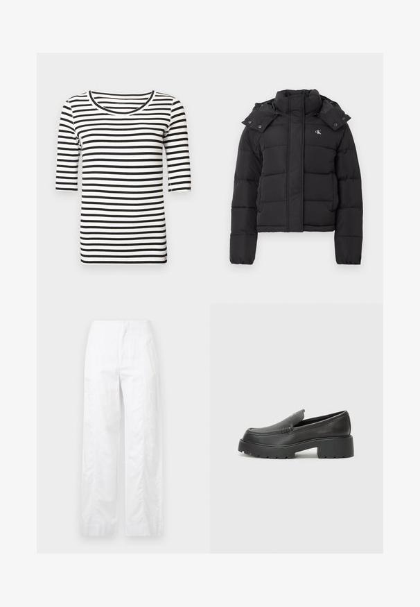Mustmust pusa, millel on kõrge krae, eemaldatav kapuuts, milles on pressnupud, ja väike valge "CK" logo vasakul rinnaosas.; Mustvalge triibuline T-särk ümarate kaelustega ja kolmeveerandvarrukatega. Sile puuvillane kangas ning keha järgiv lõige.; Valged laiad püksid, mis on valmistatud kergetest materjalidest, omades siledat tekstuuri, puhtaid jooni ja kõrget vöökohta.; Mustad nahast loafers ümarate varvastega, paksu tekstuuriga tald ja minimaalsete õmbluse detailidega. Viimistletud disain, kus pole nähtavaid paelu ega riistu.
