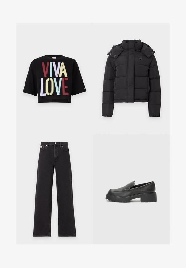 Black puffer jacket with high collar, detachable hood with snap buttons, and small white "CK" logo on the left chest.; Black cropped t-shirt featuring bold "VIVA LOVE" graphic in red, yellow, blue, and light purple text. Short sleeves and round neckline.; Black wide-leg jeans made of denim, featuring a high-rise waist, five-pocket styling, and a metal button closure with contrasting stitching.; Black leather loafers with a rounded toe, thick textured sole, and minimal stitching details. Sleek design with no visible laces or hardware.