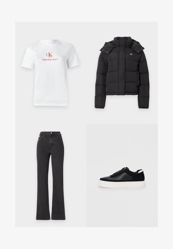 Black puffer jacket with high collar, detachable hood with snap buttons, and small white "CK" logo on the left chest.; White cotton t-shirt with short sleeves. Features a printed logo in light brown: "CK" above "Calvin Klein Jeans" text. Classic crew neck design.; Black high-waisted flared jeans made of denim, featuring a button closure, belt loops, and side pockets. Smooth texture with minimal fading.; Black sneaker with smooth leather and suede panels, flat laces, rounded toe, and a white rubber sole. Distinct logo on the heel.