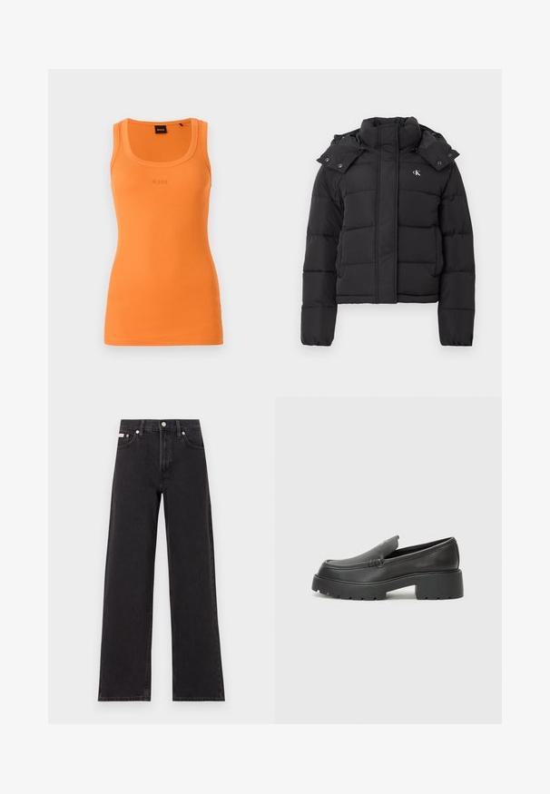 Black puffer jacket with high collar, detachable hood with snap buttons, and small white "CK" logo on the left chest.; Orange ribbed tank top with a rounded neckline and BOSS logo stitched in the center. Fitted silhouette, lightweight fabric, and sleeveless design.; Black wide-leg jeans made of denim, featuring a high-rise waist, five-pocket styling, and a metal button closure with contrasting stitching.; Black leather loafers with a rounded toe, thick textured sole, and minimal stitching details. Sleek design with no visible laces or hardware.