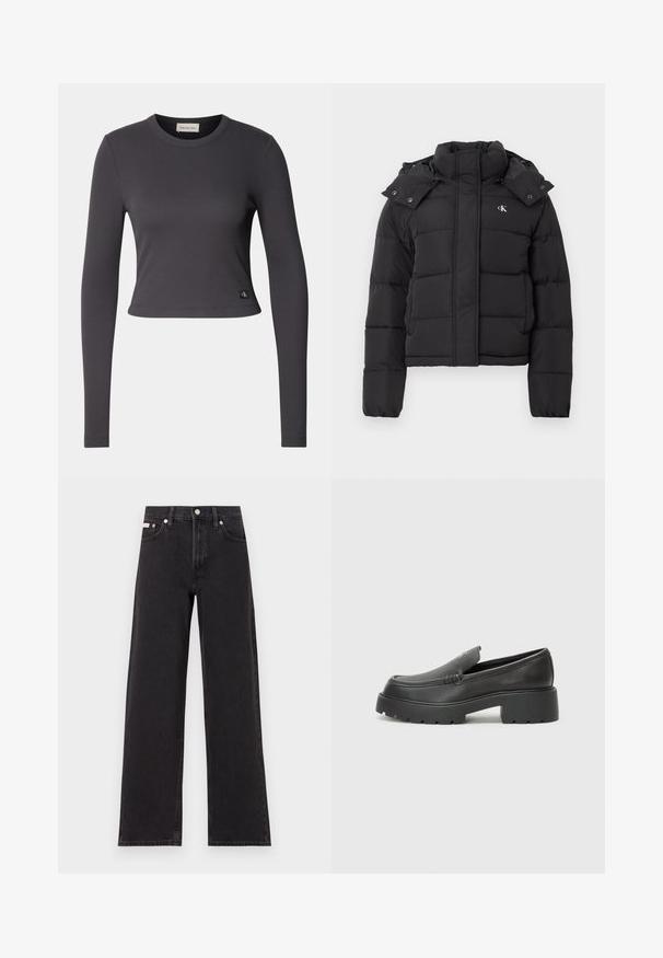Casaco acolchoado preto com gola alta, capuz destacável com botões de pressão e pequeno logótipo branco "CK" no lado esquerdo do peito.; Top cropped de manga longa em tecido canelado cinza escuro com decote redondo e um pequeno logotipo na bainha. Textura suave, design justo.; Jeans de perna larga pretos feitos de denim, apresentando uma cintura alta, estilo de cinco bolsos e um fecho em botão de metal com costura contrastante.; Mocassins de couro preto com bico arredondado, sola espessa e texturizada, e detalhes de costura minimalistas. Design elegante sem atacadores ou ferragens visíveis.