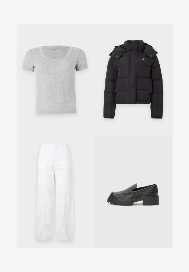 Crna puf jakna s visokim ovratnikom, odvojivom kapom na dugmad i malim bijelim "CK" logotipom na lijevoj strani prsiju.; Sivi kratki rukav majica s okruglim izrezom, izrađena od mekog, teksturiranog materijala. Ima standardni kroj i jednostavne detalje šivanja.; Bijele široke hlače od laganog materijala, s glatkom teksturom, čistim linijama i visokim strukom.; Crne kožne loaferice s zaobljenim vrhom, debelim teksturiranim potplatom i minimalnim detaljima šivanja. Elegantna izrada bez vidljivih vezica ili metalnih elemenata.